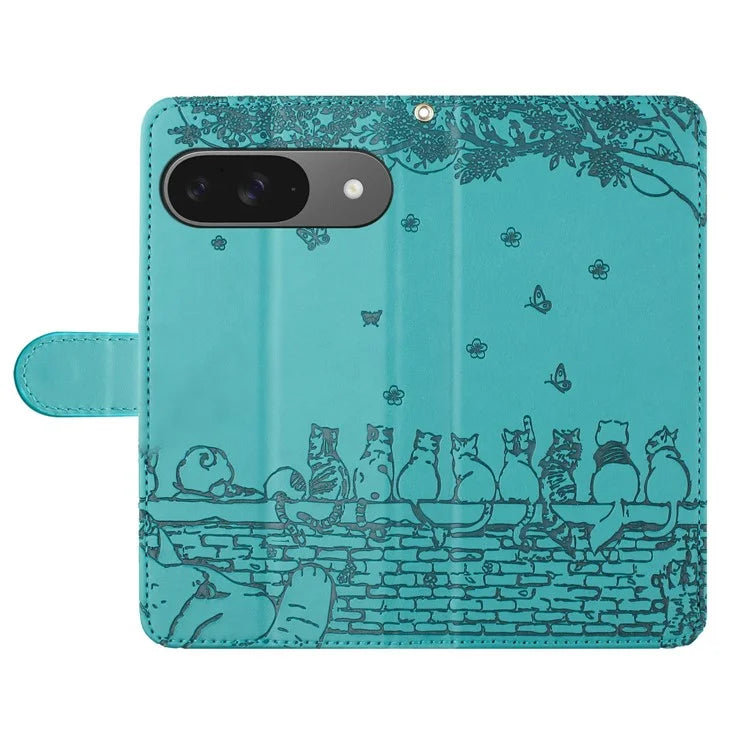 For Google Pixel 9 / 9 Pro Case with Wrist Strap Leather Phone Cover Wall Cats Pattern