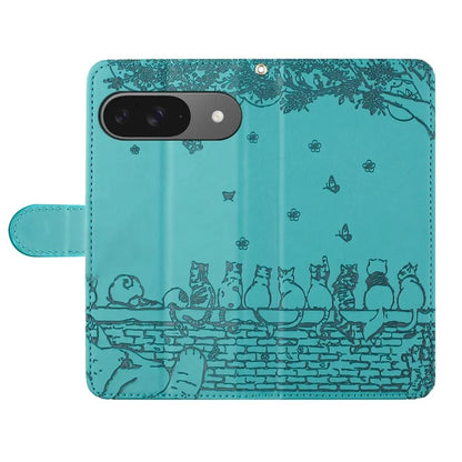 For Google Pixel 9 / 9 Pro Case with Wrist Strap Leather Phone Cover Wall Cats Pattern