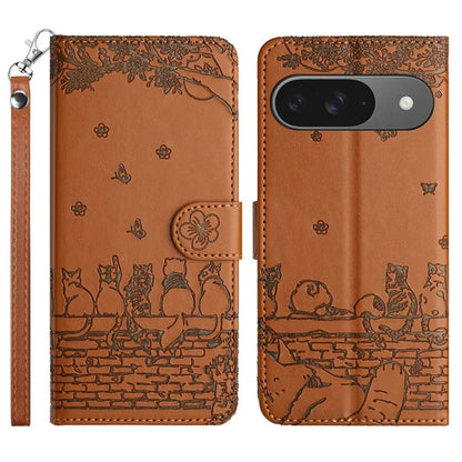 For Google Pixel 9 / 9 Pro Case with Wrist Strap Leather Phone Cover Wall Cats Pattern