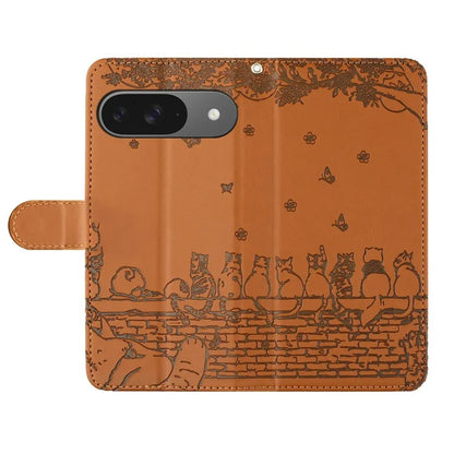For Google Pixel 9 / 9 Pro Case with Wrist Strap Leather Phone Cover Wall Cats Pattern