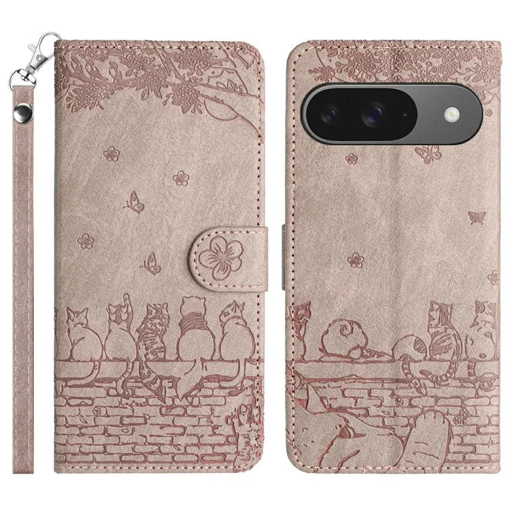 For Google Pixel 9 / 9 Pro Case with Wrist Strap Leather Phone Cover Wall Cats Pattern