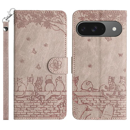 For Google Pixel 9 / 9 Pro Case with Wrist Strap Leather Phone Cover Wall Cats Pattern
