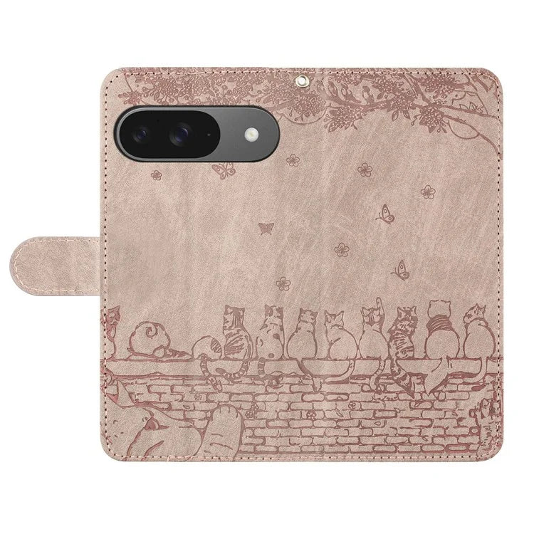 For Google Pixel 9 / 9 Pro Case with Wrist Strap Leather Phone Cover Wall Cats Pattern
