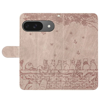 For Google Pixel 9 / 9 Pro Case with Wrist Strap Leather Phone Cover Wall Cats Pattern
