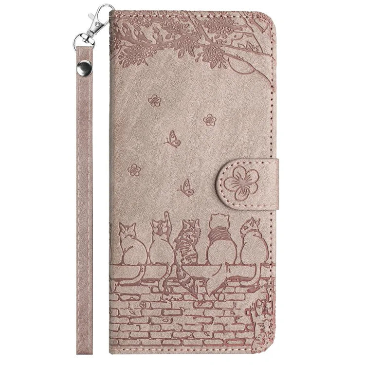 For Google Pixel 9 / 9 Pro Case with Wrist Strap Leather Phone Cover Wall Cats Pattern