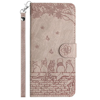 For Google Pixel 9 / 9 Pro Case with Wrist Strap Leather Phone Cover Wall Cats Pattern