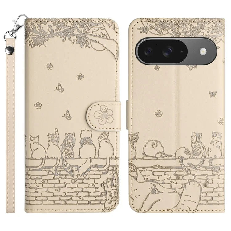 For Google Pixel 9 / 9 Pro Case with Wrist Strap Leather Phone Cover Wall Cats Pattern