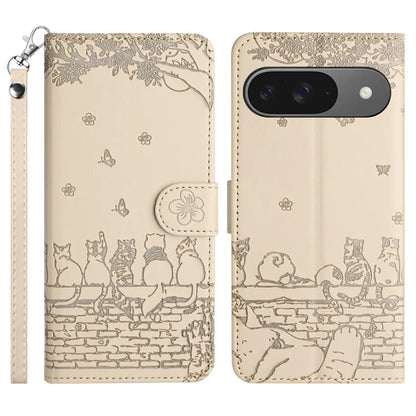 For Google Pixel 9 / 9 Pro Case with Wrist Strap Leather Phone Cover Wall Cats Pattern