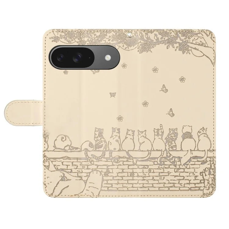 For Google Pixel 9 / 9 Pro Case with Wrist Strap Leather Phone Cover Wall Cats Pattern