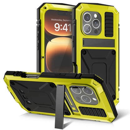 R-JUST For iPhone 16 Pro Max Case PC+Silicone+Metal Kickstand Phone Cover with Tempered Glass Film
