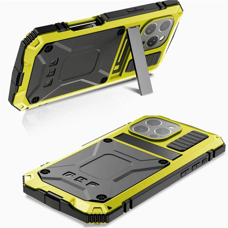 R-JUST For iPhone 16 Pro Max Case PC+Silicone+Metal Kickstand Phone Cover with Tempered Glass Film