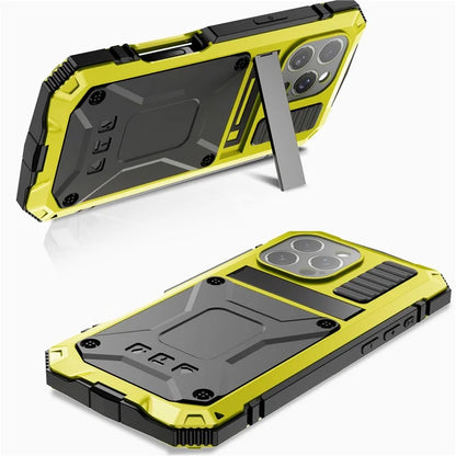 R-JUST For iPhone 16 Pro Max Case PC+Silicone+Metal Kickstand Phone Cover with Tempered Glass Film