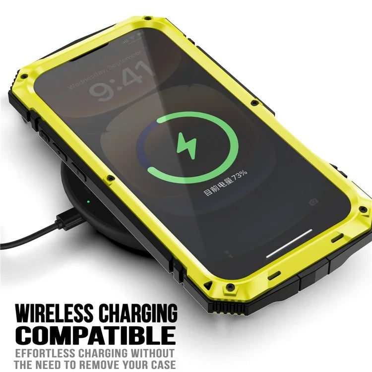 R-JUST For iPhone 16 Pro Max Case PC+Silicone+Metal Kickstand Phone Cover with Tempered Glass Film