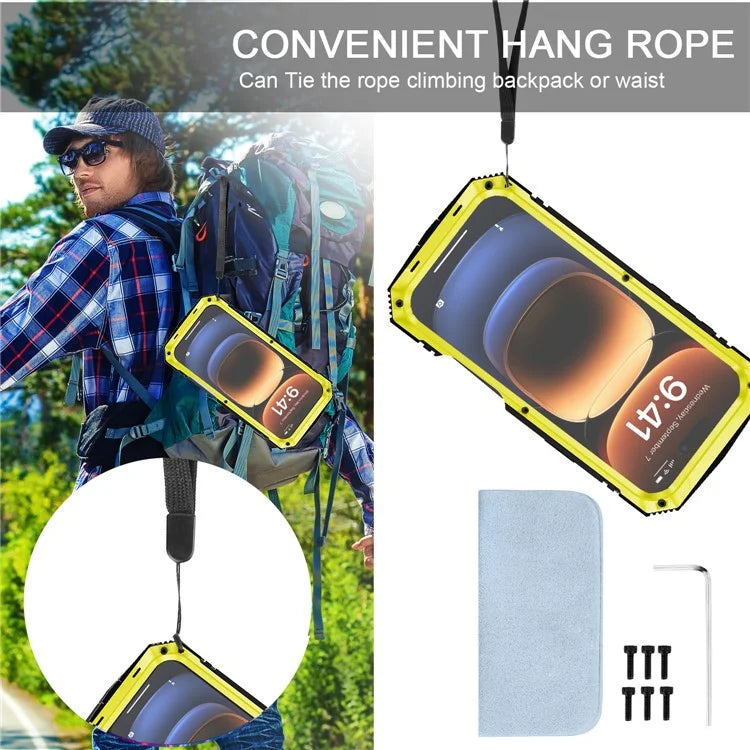 R-JUST For iPhone 16 Pro Max Case PC+Silicone+Metal Kickstand Phone Cover with Tempered Glass Film