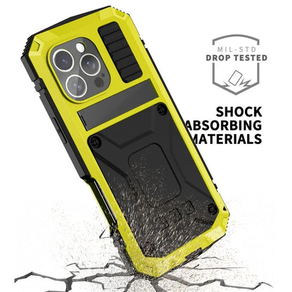 R-JUST For iPhone 16 Pro Max Case PC+Silicone+Metal Kickstand Phone Cover with Tempered Glass Film