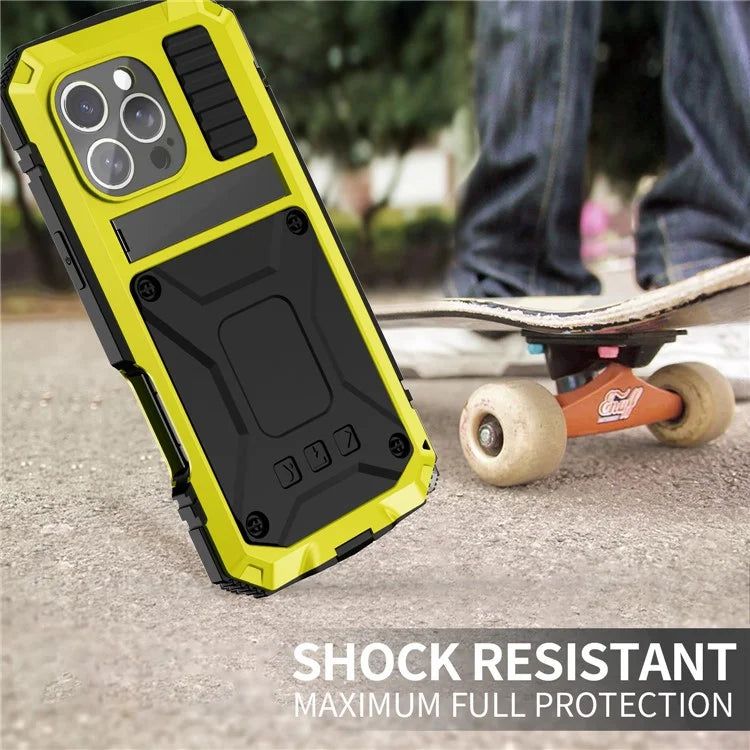 R-JUST For iPhone 16 Pro Max Case PC+Silicone+Metal Kickstand Phone Cover with Tempered Glass Film