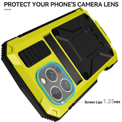 R-JUST For iPhone 16 Pro Max Case PC+Silicone+Metal Kickstand Phone Cover with Tempered Glass Film
