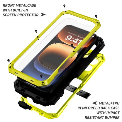 R-JUST For iPhone 16 Pro Max Case PC+Silicone+Metal Kickstand Phone Cover with Tempered Glass Film