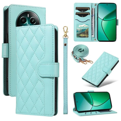 For Realme Narzo 70 5G / Narzo 70 Pro 5G / P1 5G / 12 4G / 12+ 5G Case Wallet Rhombus Leather Phone Cover with Shoulder Strap, Wrist Strap