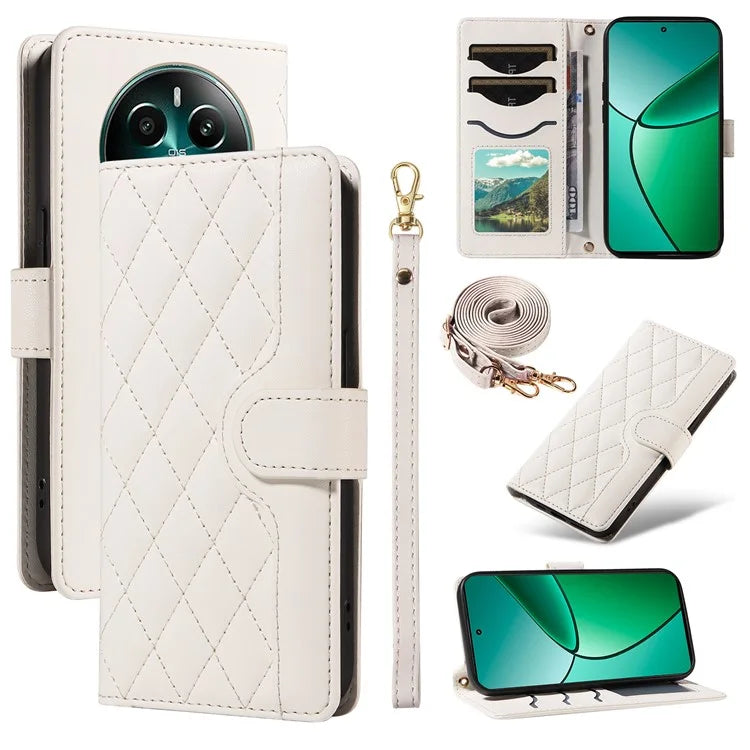 For Realme Narzo 70 5G / Narzo 70 Pro 5G / P1 5G / 12 4G / 12+ 5G Case Wallet Rhombus Leather Phone Cover with Shoulder Strap, Wrist Strap