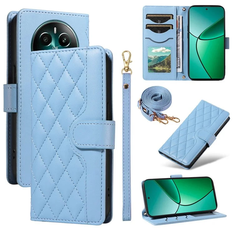 For Realme Narzo 70 5G / Narzo 70 Pro 5G / P1 5G / 12 4G / 12+ 5G Case Wallet Rhombus Leather Phone Cover with Shoulder Strap, Wrist Strap