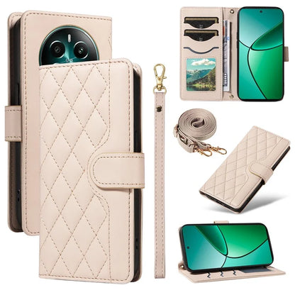 For Realme Narzo 70 5G / Narzo 70 Pro 5G / P1 5G / 12 4G / 12+ 5G Case Wallet Rhombus Leather Phone Cover with Shoulder Strap, Wrist Strap
