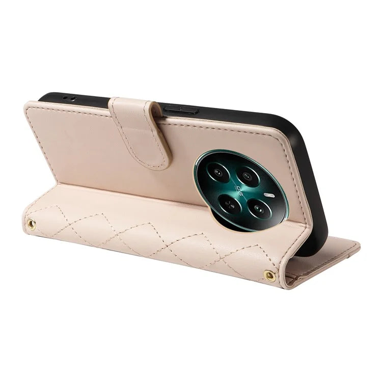 For Realme Narzo 70 5G / Narzo 70 Pro 5G / P1 5G / 12 4G / 12+ 5G Case Wallet Rhombus Leather Phone Cover with Shoulder Strap, Wrist Strap