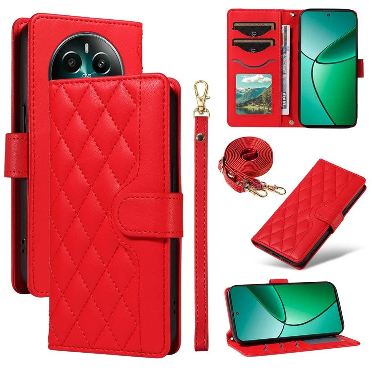 For Realme Narzo 70 5G / Narzo 70 Pro 5G / P1 5G / 12 4G / 12+ 5G Case Wallet Rhombus Leather Phone Cover with Shoulder Strap, Wrist Strap