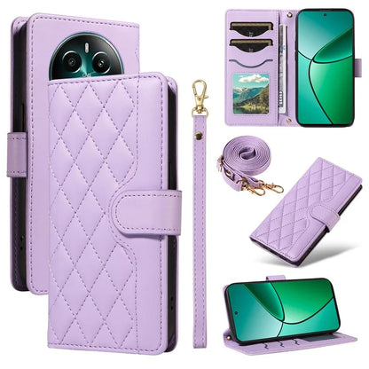 For Realme Narzo 70 5G / Narzo 70 Pro 5G / P1 5G / 12 4G / 12+ 5G Case Wallet Rhombus Leather Phone Cover with Shoulder Strap, Wrist Strap