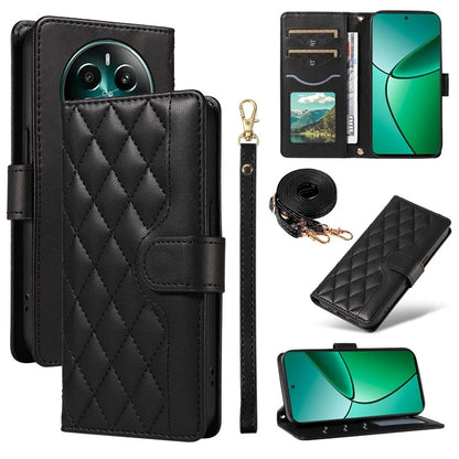 For Realme Narzo 70 5G / Narzo 70 Pro 5G / P1 5G / 12 4G / 12+ 5G Case Wallet Rhombus Leather Phone Cover with Shoulder Strap, Wrist Strap