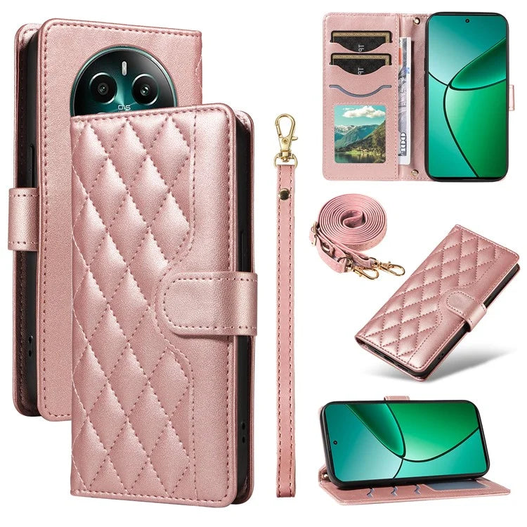 For Realme Narzo 70 5G / Narzo 70 Pro 5G / P1 5G / 12 4G / 12+ 5G Case Wallet Rhombus Leather Phone Cover with Shoulder Strap, Wrist Strap