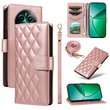 For Realme Narzo 70 5G / Narzo 70 Pro 5G / P1 5G / 12 4G / 12+ 5G Case Wallet Rhombus Leather Phone Cover with Shoulder Strap, Wrist Strap