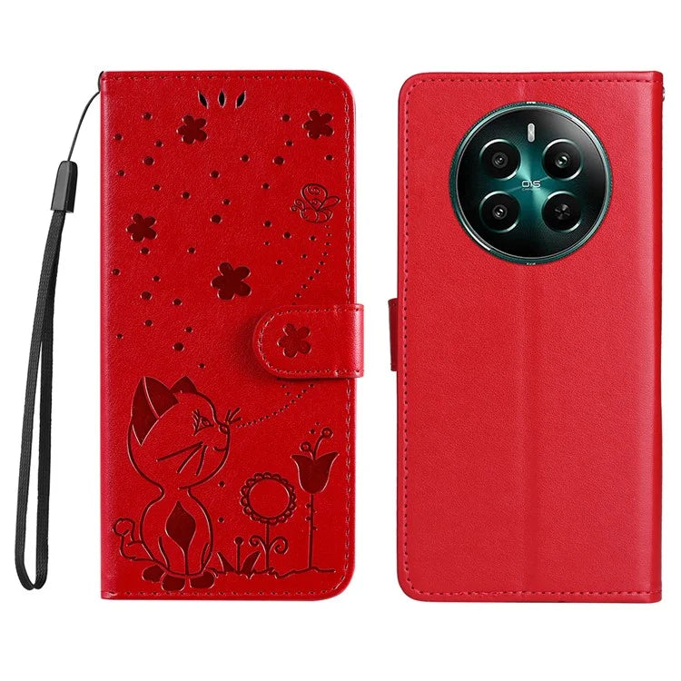 KT Imprinting Flower Series-4 For Realme Narzo 70 5G / Narzo 70 Pro 5G / P1 5G / 12 4G / 12+ 5G Case Cat Bee Pattern Leather Phone Cover