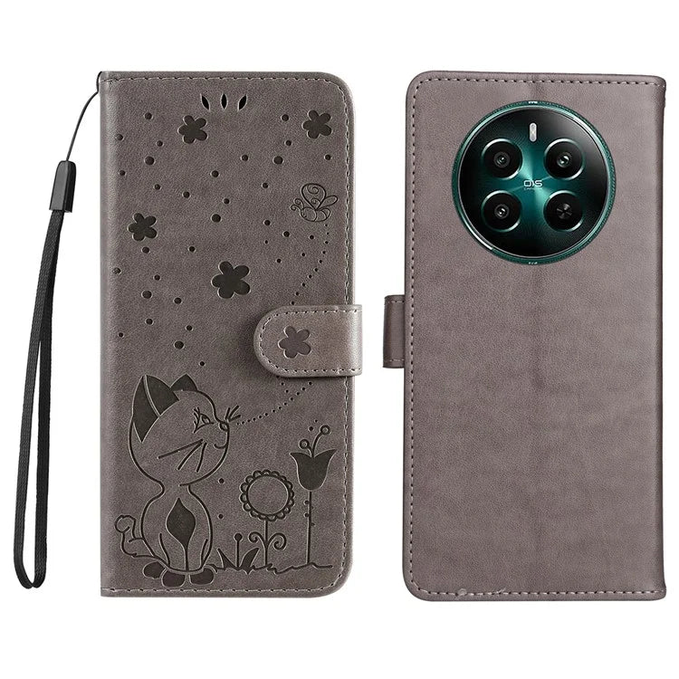 KT Imprinting Flower Series-4 For Realme Narzo 70 5G / Narzo 70 Pro 5G / P1 5G / 12 4G / 12+ 5G Case Cat Bee Pattern Leather Phone Cover