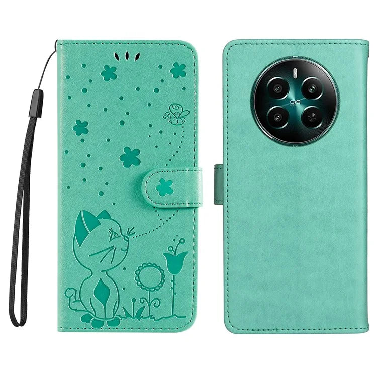 KT Imprinting Flower Series-4 For Realme Narzo 70 5G / Narzo 70 Pro 5G / P1 5G / 12 4G / 12+ 5G Case Cat Bee Pattern Leather Phone Cover