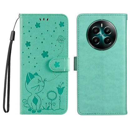 KT Imprinting Flower Series-4 For Realme Narzo 70 5G / Narzo 70 Pro 5G / P1 5G / 12 4G / 12+ 5G Case Cat Bee Pattern Leather Phone Cover
