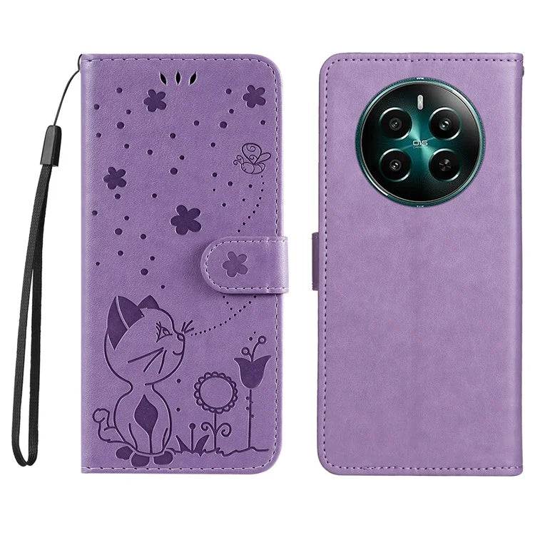 KT Imprinting Flower Series-4 For Realme Narzo 70 5G / Narzo 70 Pro 5G / P1 5G / 12 4G / 12+ 5G Case Cat Bee Pattern Leather Phone Cover
