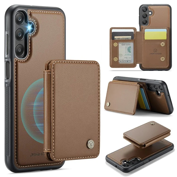 JEEHOOD J05 For Samsung Galaxy A25 5G (Global) (161.0 x 76.5 x 8.3mm) Case Card Holder Kickstand Leather+TPU Phone Cover