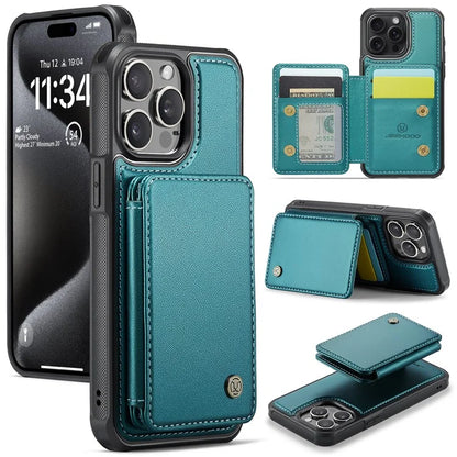 JEEHOOD J05 For iPhone 16 Pro Max Case Card Holder Kickstand Leather+TPU Phone Cover