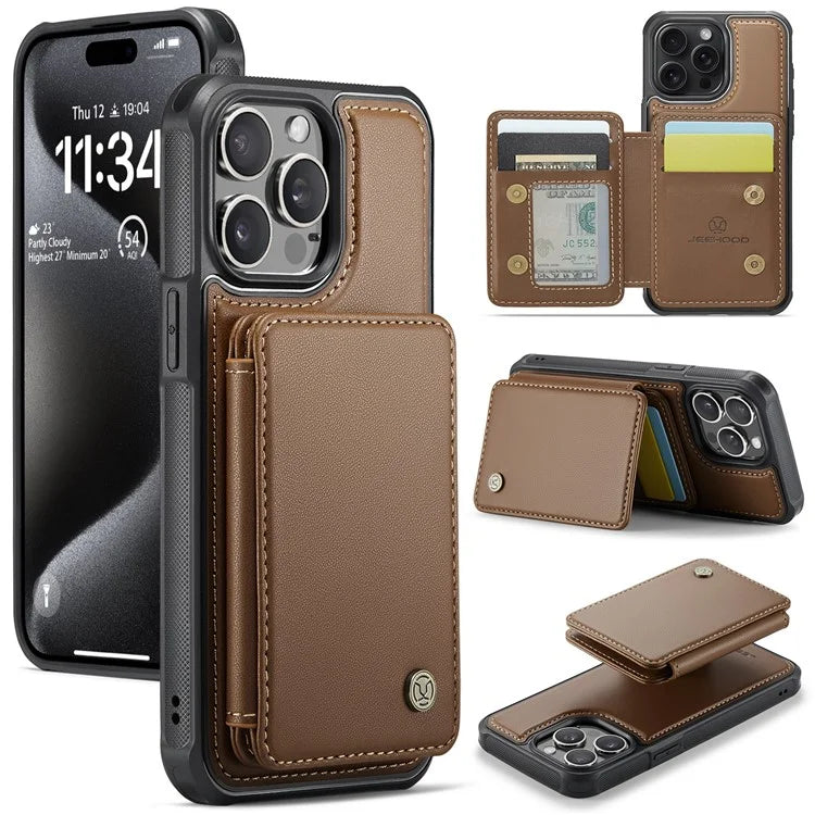 JEEHOOD J05 For iPhone 16 Pro Max Case Card Holder Kickstand Leather+TPU Phone Cover
