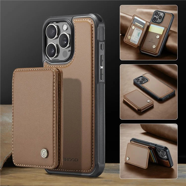 JEEHOOD J05 For iPhone 16 Pro Max Case Card Holder Kickstand Leather+TPU Phone Cover