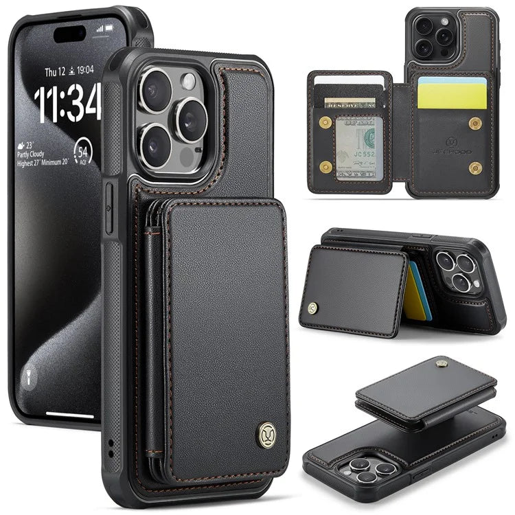 JEEHOOD J05 For iPhone 16 Pro Max Case Card Holder Kickstand Leather+TPU Phone Cover