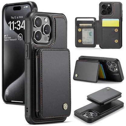 JEEHOOD J05 For iPhone 16 Pro Max Case Card Holder Kickstand Leather+TPU Phone Cover