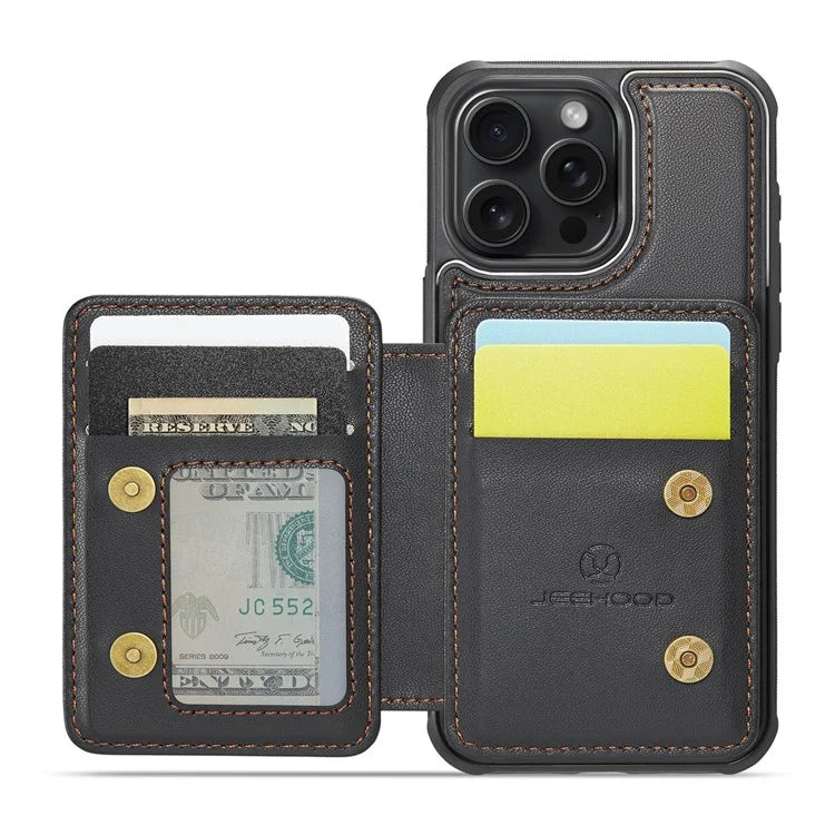 JEEHOOD J05 For iPhone 16 Pro Max Case Card Holder Kickstand Leather+TPU Phone Cover