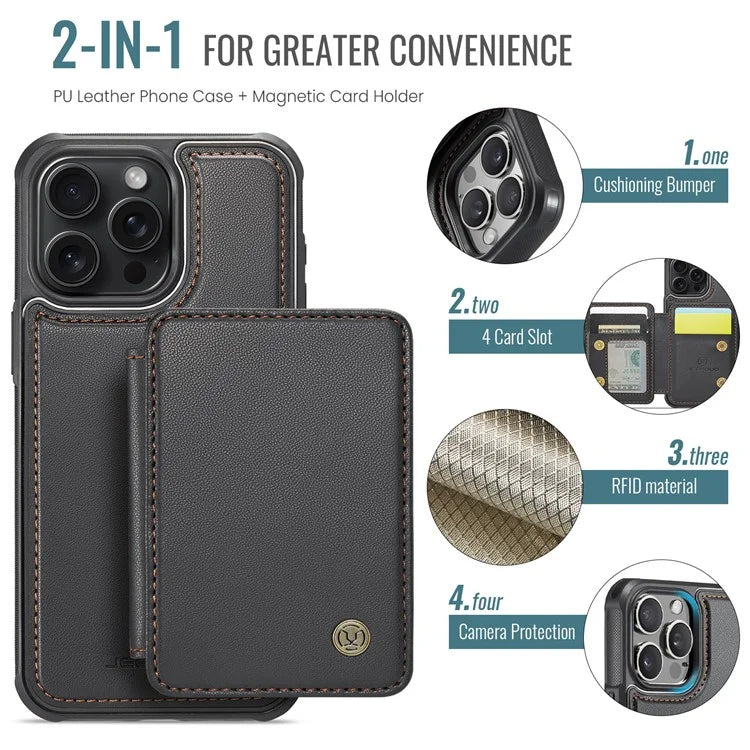JEEHOOD J05 For iPhone 16 Pro Max Case Card Holder Kickstand Leather+TPU Phone Cover
