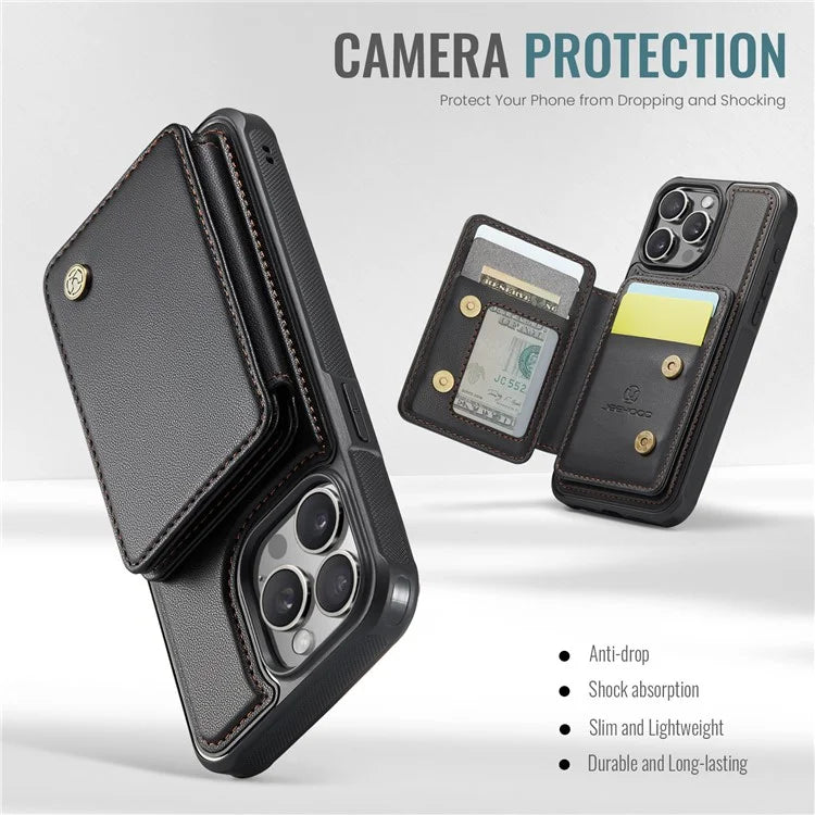JEEHOOD J05 For iPhone 16 Pro Max Case Card Holder Kickstand Leather+TPU Phone Cover