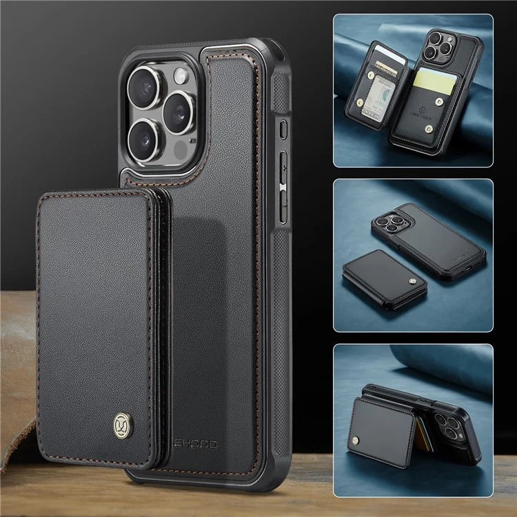 JEEHOOD J05 For iPhone 16 Pro Max Case Card Holder Kickstand Leather+TPU Phone Cover