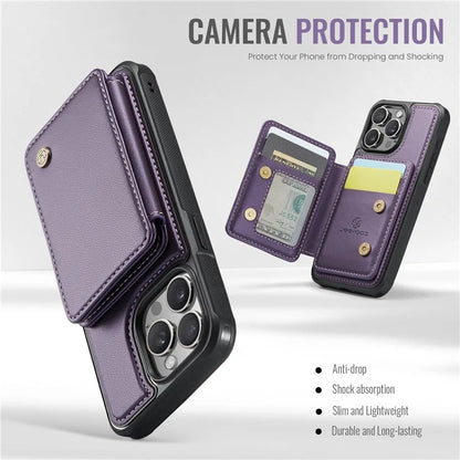 JEEHOOD J05 For iPhone 16 Pro Max Case Card Holder Kickstand Leather+TPU Phone Cover