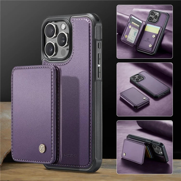 JEEHOOD J05 For iPhone 16 Pro Max Case Card Holder Kickstand Leather+TPU Phone Cover