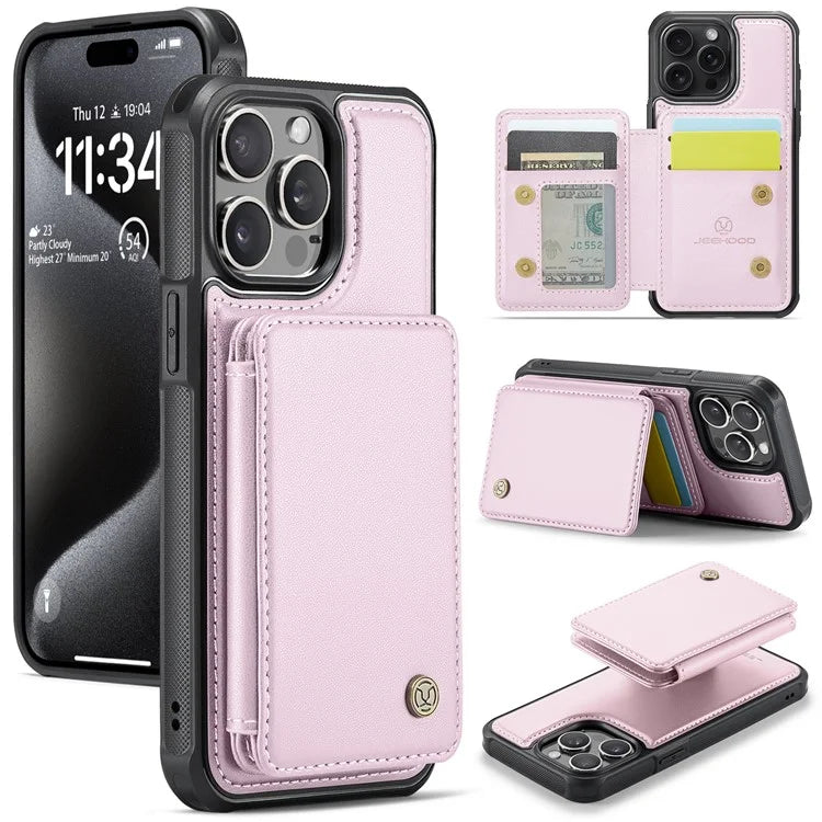 JEEHOOD J05 For iPhone 16 Pro Max Case Card Holder Kickstand Leather+TPU Phone Cover